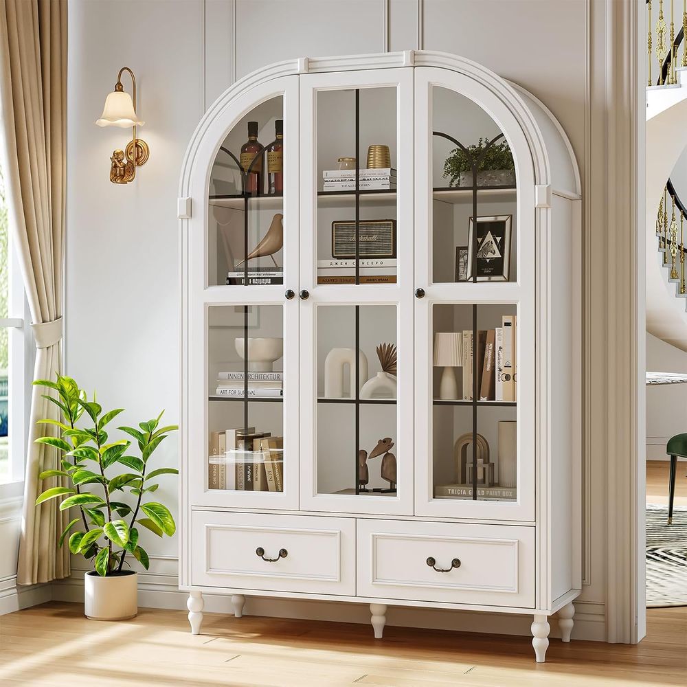Glass Cabinet Display - 70.8'' Tall Arched Kitchen Pantry Cabinet,